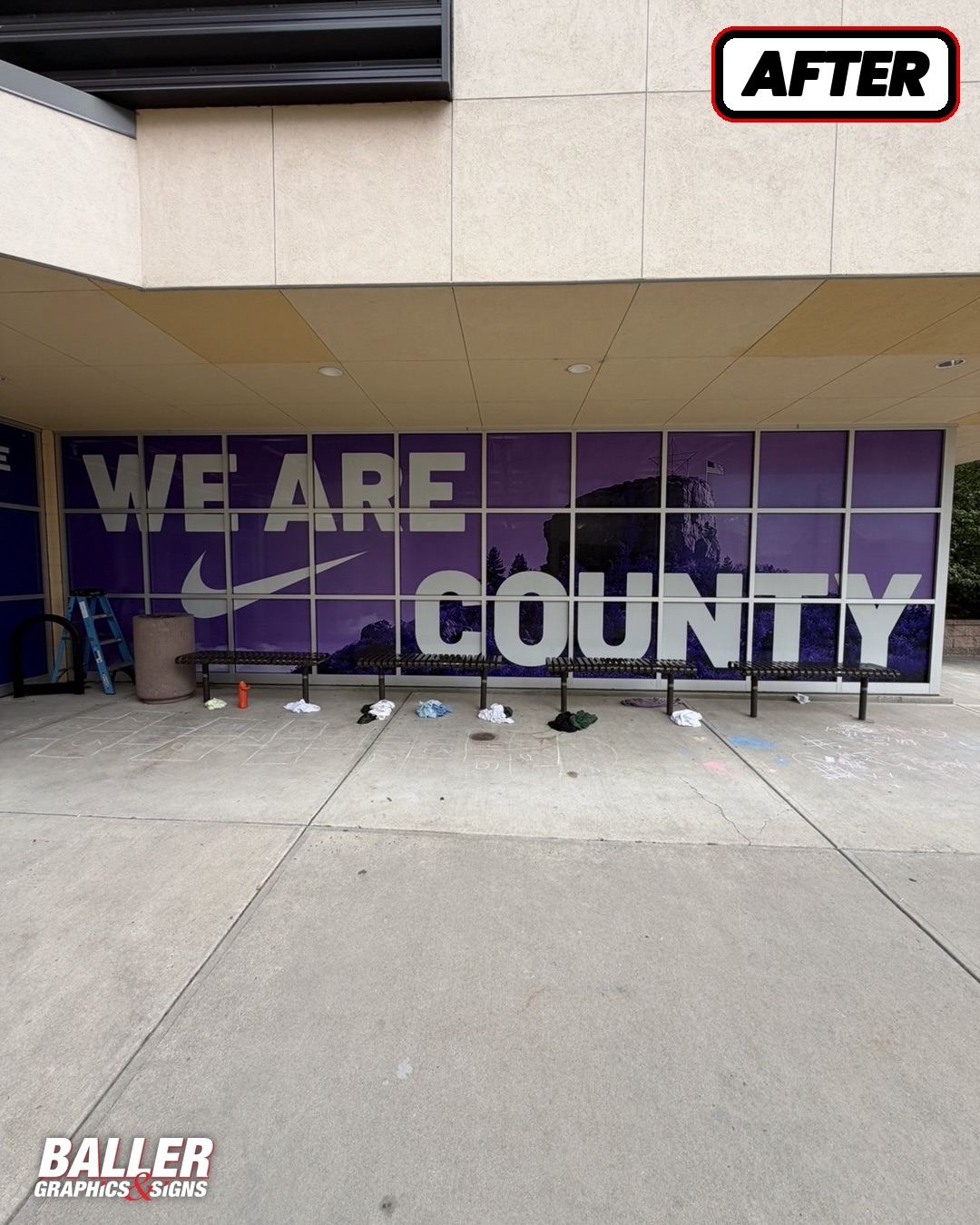 WE ARE COUNTY window graphic with Castle Rock landmark at Douglas County High School in Castle Rock, Colorado